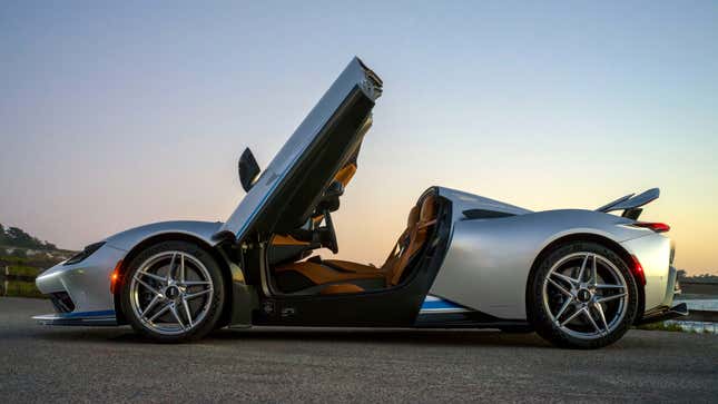 Side view of a silver Automobili Pininfarina Battista Targamerica