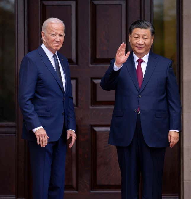 President Joe Biden greets China&#39;s President President Xi Jinping at the Filoli Estate in Woodside, Calif., Wednesday, Nov, 15, 2023, on the sidelines of the Asia-Pacific Economic Cooperative conference. (Doug Mills/The New York Times via AP, Pool)