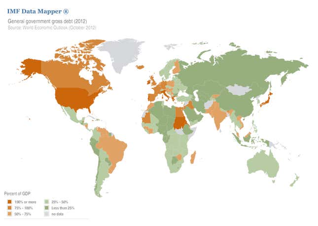 A map of the world&#039;s public debt compiled by the International Monetary Fund.