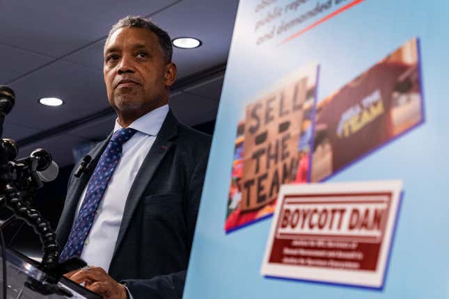 D.C. Attorney General Karl A. Racine conducts a news conference announcing the lawsuits against the Washington Commanders, owner Daniel Snyder, the NFL, and Commissioner Roger Goodell on November 10.