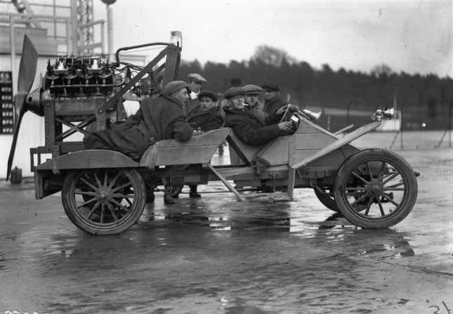1st May 1911: A motor car at Brooklands race track which has been fitted with a propeller for extra speed