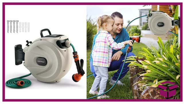 Image for article titled Transform Your Gardening with Wall Mounted Retractable Garden Hose Reel with Hose Nozzle, 55% Off!