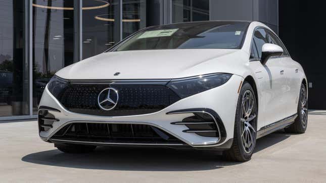 Mercedes-Benz EQS 580 4MATIC Sedan display at a dealership. Mercedes offers the EQS 580 with a 516 hp electric motor.