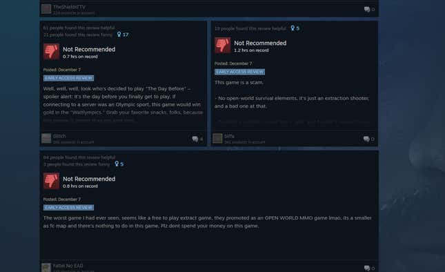 A screenshot displays negative Steam reviews for The Day Before. 