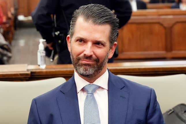 Former President Donald Trump&#39;s son and co-defendant, Donald Trump Jr., appears during the Trump Organization’s civil fraud trial, Thursday, Nov. 2, 2023, at New York Supreme Court in New York. (Shannon Stapleton/Pool Photo via AP)