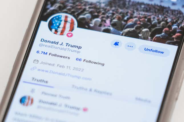 FILE - The Truth Social account for former President Donald Trump is seen on a mobile device, Wednesday, March 20, 2024, in New York. On Monday, April 1, less than a week after a flashy stock market debut, Trump&#39;s social media company disclosed that it lost nearly $58.2 million in 2023. (AP Photo/John Minchillo, File)