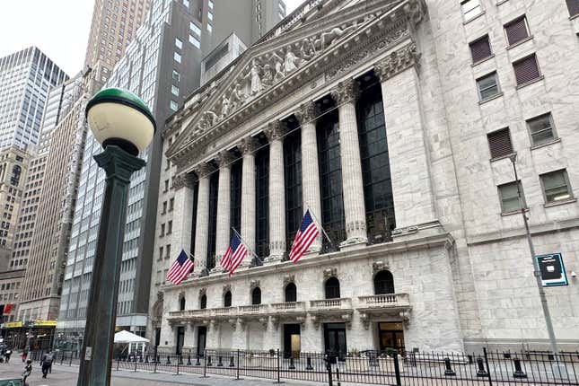 The New York Stock Exchange is shown on Wednesday, Feb. 21 2024, in New York. Global stocks were mixed after technology shares led Wall Street broadly lower, with investors waiting for chipmaker Nvidia&#39;s quarterly earnings report later in the day. (AP Photo/Peter Morgan)