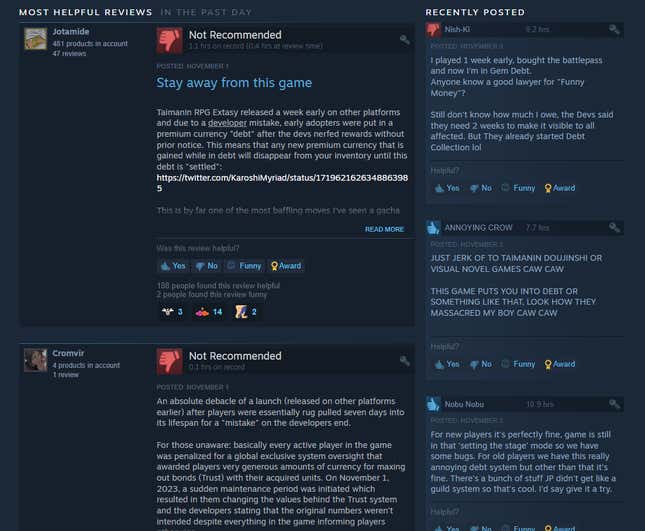 Una captura de pantalla muestra críticas negativas de Steam para Taimanin RPG Extasy.