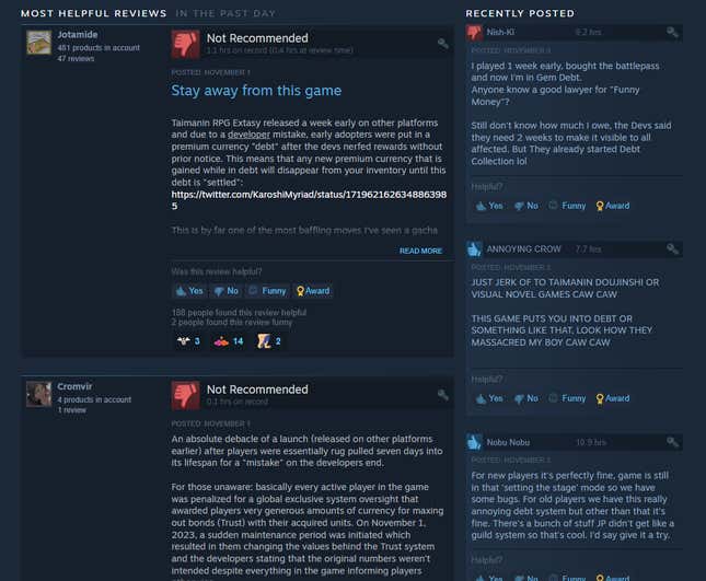 A screenshot shows negative Steam reviews for Taimanin RPG Extasy.