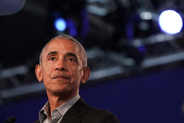 Former US president Barack Obama speaks during day 9 of COP26 on November 08, 2021 in Glasgow, Scotland. (Photo by Ian Forsyth/Getty Images)