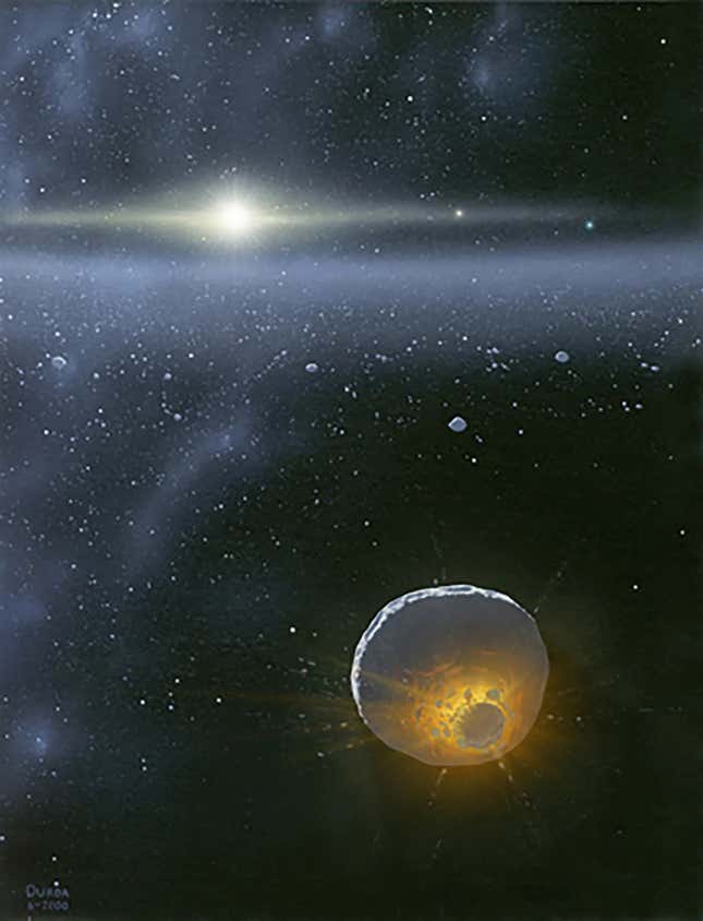 Sanatçının iki Kuiper Kuşağı nesnesi arasındaki çarpışma konsepti.