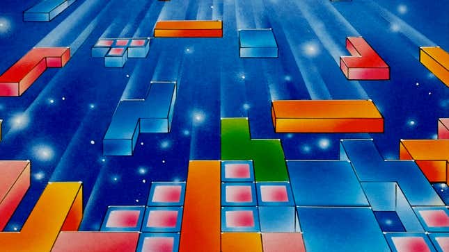 Official artwork for the NES version of Atari Games' puzzle game Tetris.