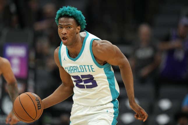 Jul 5, 2023; Sacramento, CA, USA; Charlotte Hornets forward Kai Jones (23) dribbles against the Golden State Warriors during the third quarter at Golden 1 Center.