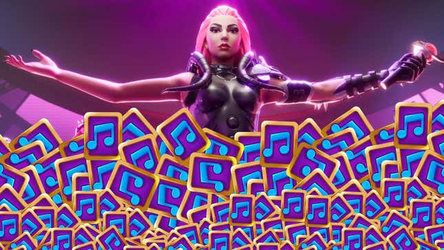 An image shows Lady Gaga in Fortnite behind a giant pile of music tokens. 
