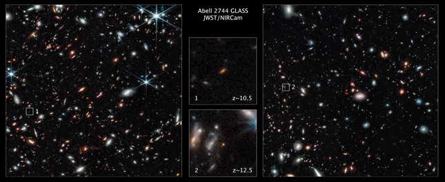 Galaxies (labeled) that existed 450 and 350 million years after the Big Bang, respectively.