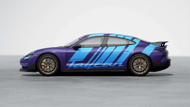 Side view of a purple Porsche Taycan Turbo GT with a bright blue livery
