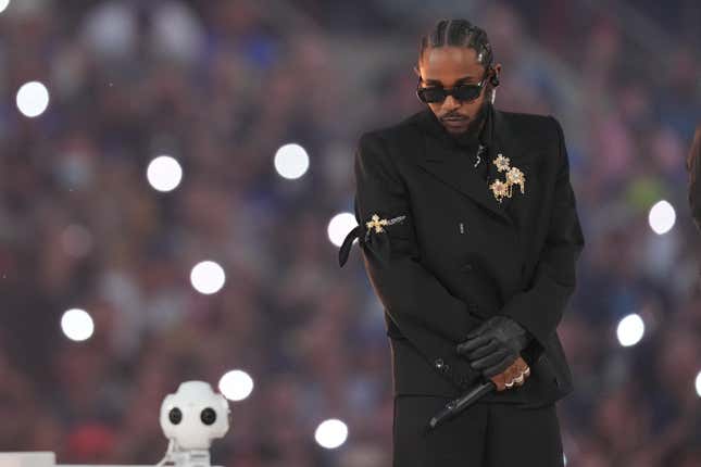 INGLEWOOD, CALIFORNIA - FEBRUARY 13: Kendrick Lamar performs in the Pepsi Halftime Show during the NFL Super Bowl LVI football game between the Cincinnati Bengals and the Los Angeles Rams at SoFi Stadium on February 13, 2022 in Inglewood, California.