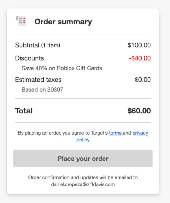 Screenshot of shopping cart window with Roblox gift cards 40% off