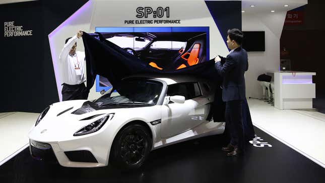 A photo of the Detroit Electric sports car concept at an auto show. 