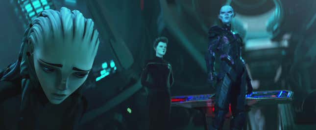 Gwyn looks defeated as she knees down before her father the Diviner, and the corrupted Holo-Janeway.