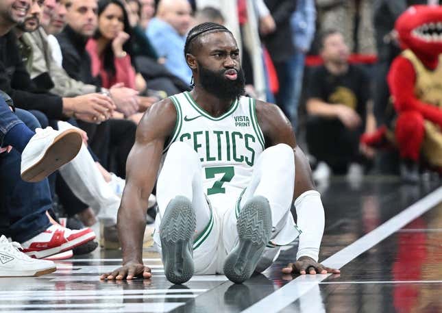 Nov 17, 2023; Toronto, Ontario, CAN; Boston Celtics guard Jaylen Brown (7) reacts after falling during play against the Toronto Raptors in the second  half at Scotiabank Arena.