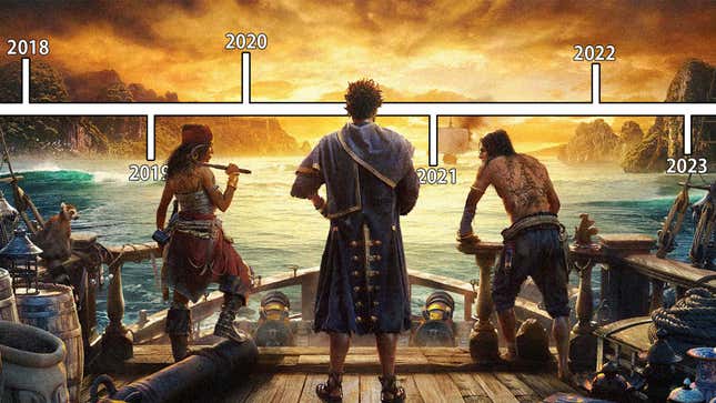 An image shows pirates as they look at a giant floating timeline above the water. 