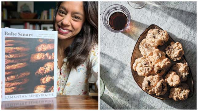 Left: Samantha Seneviratne with her cookbook. Right: Hazelnut Croquant Cookies.