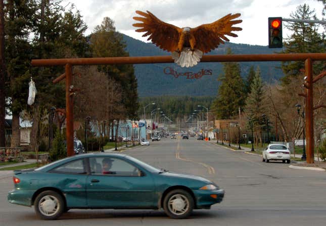 FILE - In this April 27, 2011, file photo, the entrance to downtown Libby, Mont., is seen. BNSF Railway attorneys are expected to argue before jurors Friday, April 19, 2024, that the railroad should not be held liable for the lung cancer deaths of two former residents of the asbestos-contaminated Montana town, one of the deadliest sites in the federal Superfund pollution program. (AP Photo/Matthew Brown, File)