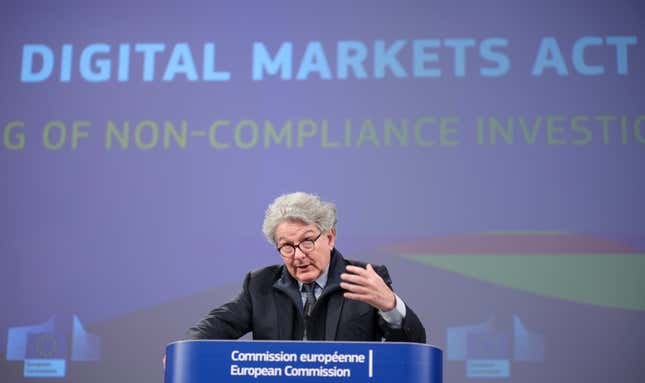 EU Commissioner for Internal Market Thierry Breton speaks about non-compliance investigations against Alphabet, Apple, and Meta under the Digital Markets Act (DMA) March 25, 2024 in Brussels, Belgium. 