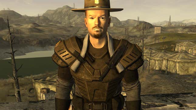 A screenshot shows an NCR soldier in New Vegas. 