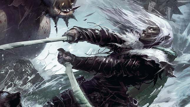 Dungeons & Dragons Drow elf ranger Drizzt Do’Urden illustrated in a fighting pose wtih two swords.