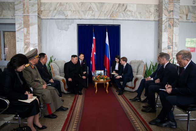 Kim Jong Un attends a meeting with Russian officials, including the Minister for the Development of the Russian Far East Alexander Kozlov (4th R) and governor of Primorsky Region Oleg Kozhemyako (2nd R), in the settlement of Khasan, Russia, April 24, 2019.