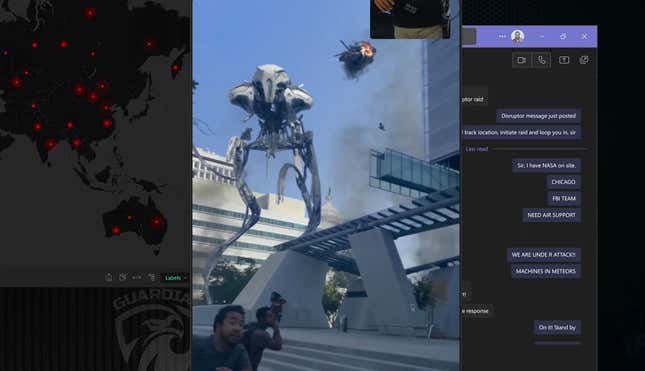 A computer screen with various windows open, including a video feed of an alien tripod.