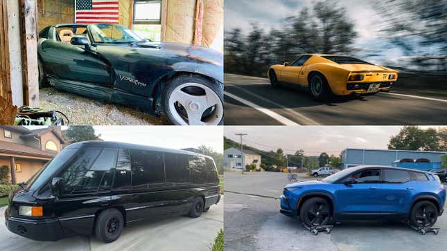 Image de l'article intitulé Une Dodge Viper bon marché, un camion Rivian en panne et une « belle » voiture de course Corvette dans le tour d’horizon des achats de voitures de cette semaine