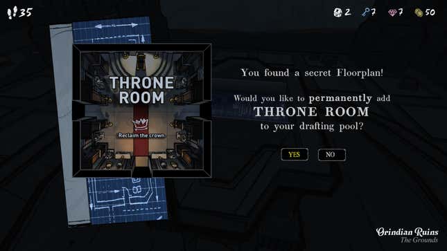 A screenshot from Blue Prince. The player has discovered the Throne Room card.