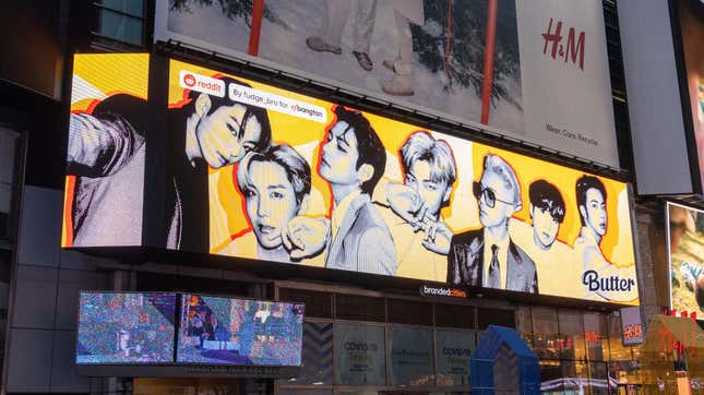 A BTS billboard in Times Square in New York City. The design was created by BTS fans and chosen in a Reddit-sponsored contest.