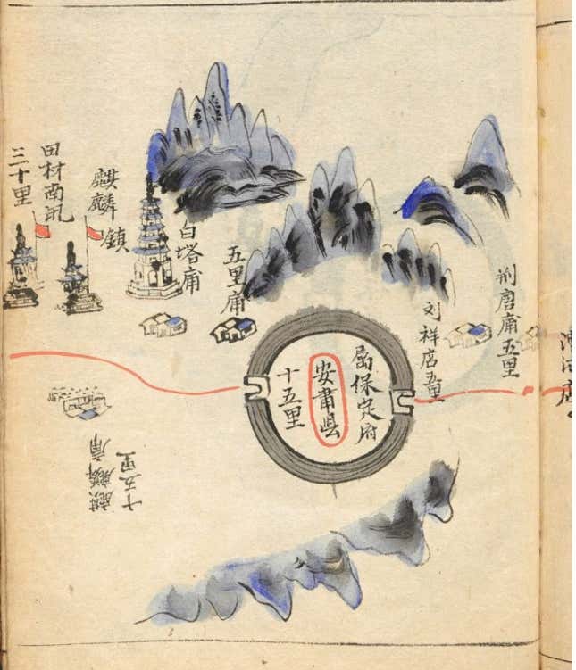 Arriving at Ansu Xian County in Hebei Province, north of the Yellow River, their route took them through temples and the White Pagoda