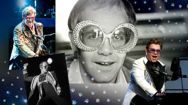 From left: Elton John during the Farewell Yellow Brick Road Tour in January  2022 (Photo: Erika Goldring/Getty Images); at Earl’s Court in London (Photo: Roger Jackson/Central Press/Getty Images); wearing one of his many trademark glasses in 1974. (Photo: D. Morrison/Daily Express/Hulton Archive/Getty Images); performing in February 2020 in New Zealand. (Photo by Kerry Marshall/Getty Images)