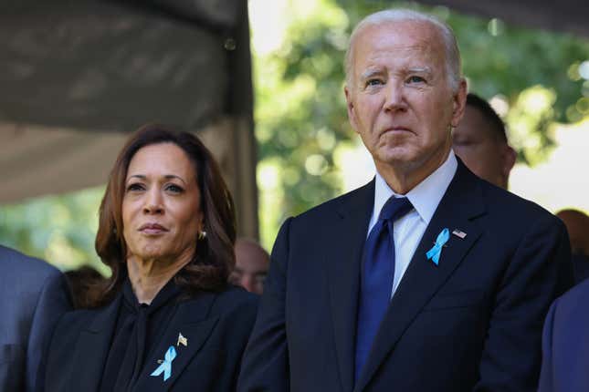 Democratic presidential nominee, U.S. Vice President Kamala Harris, and U.S. President Joe Biden, at Ground Zero at the World Trade Center on September 11, 2024 in New York City.