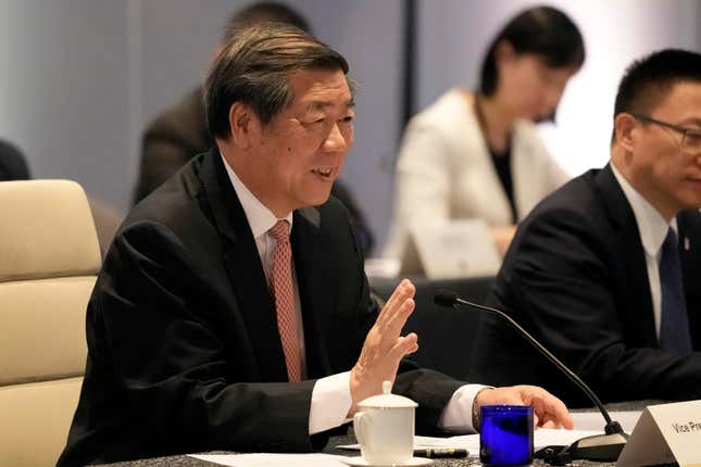 Chinese Vice Premier He Lifeng sits with his delegation across from Treasury Secretary Janet Yellen Thursday, Nov. 9, 2023, in San Francisco. Yellen and Lifeng are meeting in San Francisco on Thursday to start two days of talks aimed at making progress on a slew of economic issues when competition has markedly intensified between their countries. (AP Photo/Eric Risberg)