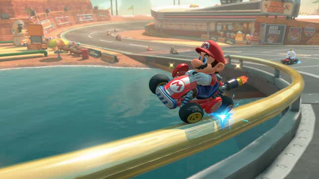 Mario grinds on a rail in Mario Kart World.