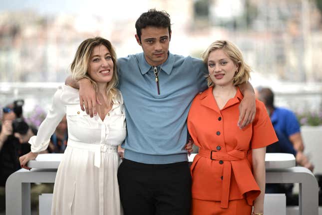 Sofiane Bennacer, center, with the director of Les Amandiers, Valeria Bruni Tedeschi, left, and his co-star, Nadia Tereszkiewicz at the Cannes Film Festival in May.