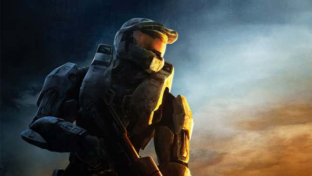Master Chief stands in front of a cloudy sky. 