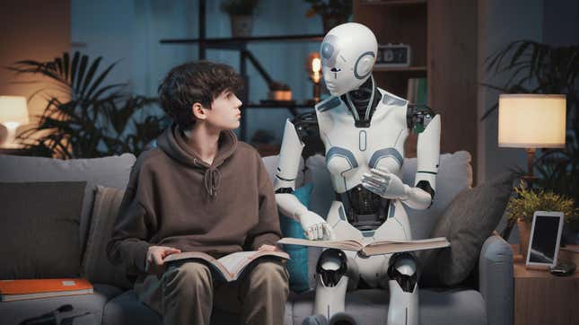 AI robot tutor helping a teenage boy with homework, they are reading books together, human-robot interaction concept