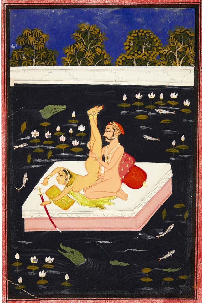 A couple making acrobatic love on a lake, Mewar, North India, 18th century.