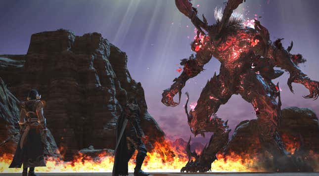 Clive and my Warrior of Light facing off against Ifrit in the Bowl of Embers, where you first face them in Final Fantasy 14.