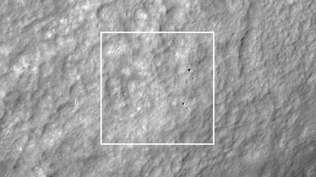 A view of the lunar surface and suspected crash site one day after the failed Hakuto-R landing attempt.