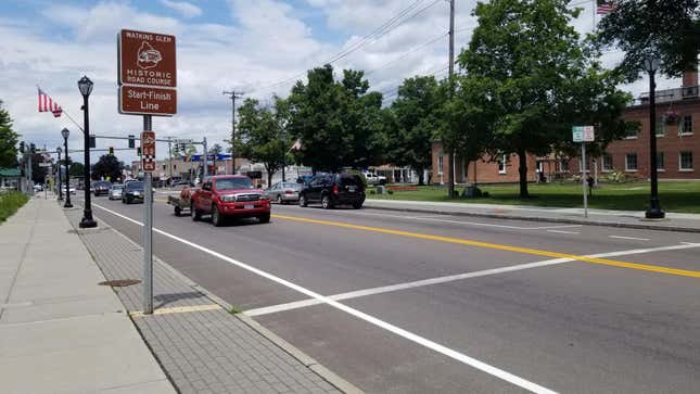 The start/finish line of the old course is still memorialized in the village of Watkins Glen. Frankie Fazzary would have been killed just a few yards away.