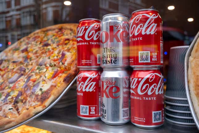 Pizza takeaway in a cafe window in London. 