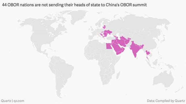 China s OBOR One Belt One Road forum for its new Silk Road is missing 44 heads of state from 65 nations involved